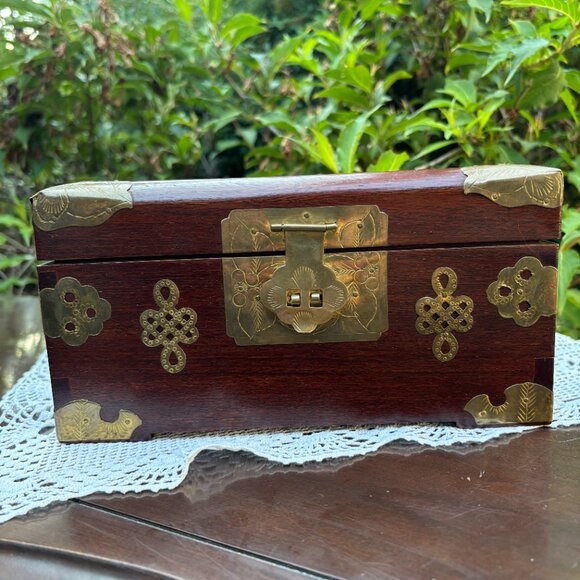 Vintage Rosewood Jewelry Box Brass Hardware Chest with Bone Medallion Solid Wood - Picture 8 of 16